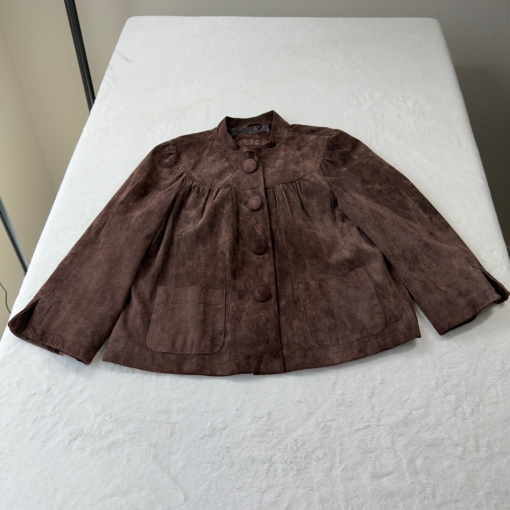 LAL Suede Leather Jacket Womens Large Brown Good Babydoll Gathered 5036WS